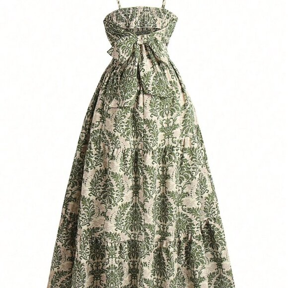 Multicolor Boho Women's Spaghetti Strap Leaf Print Ruffle Hem Maxi Slip Dress - Picture 2 of 7